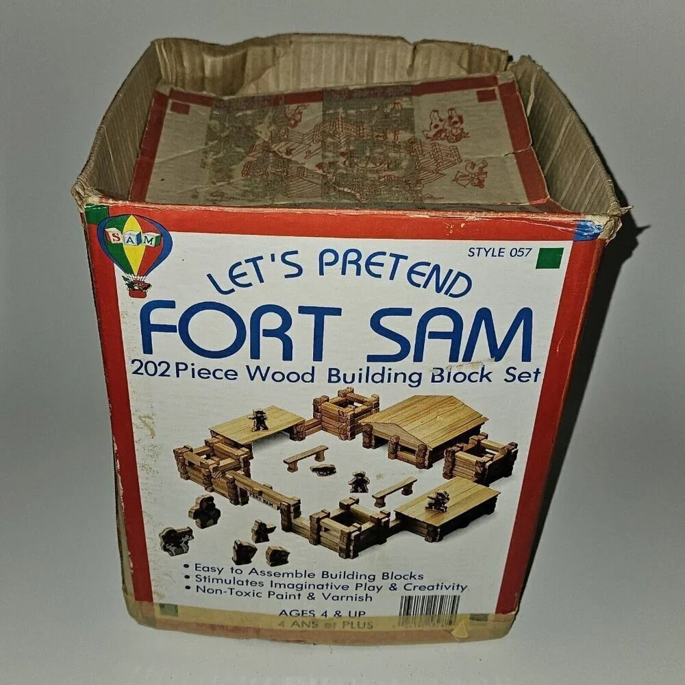 VTG Fort Sam Let's Pretend Wood Building Block Set Cavalry Indians ~ 101 Pieces